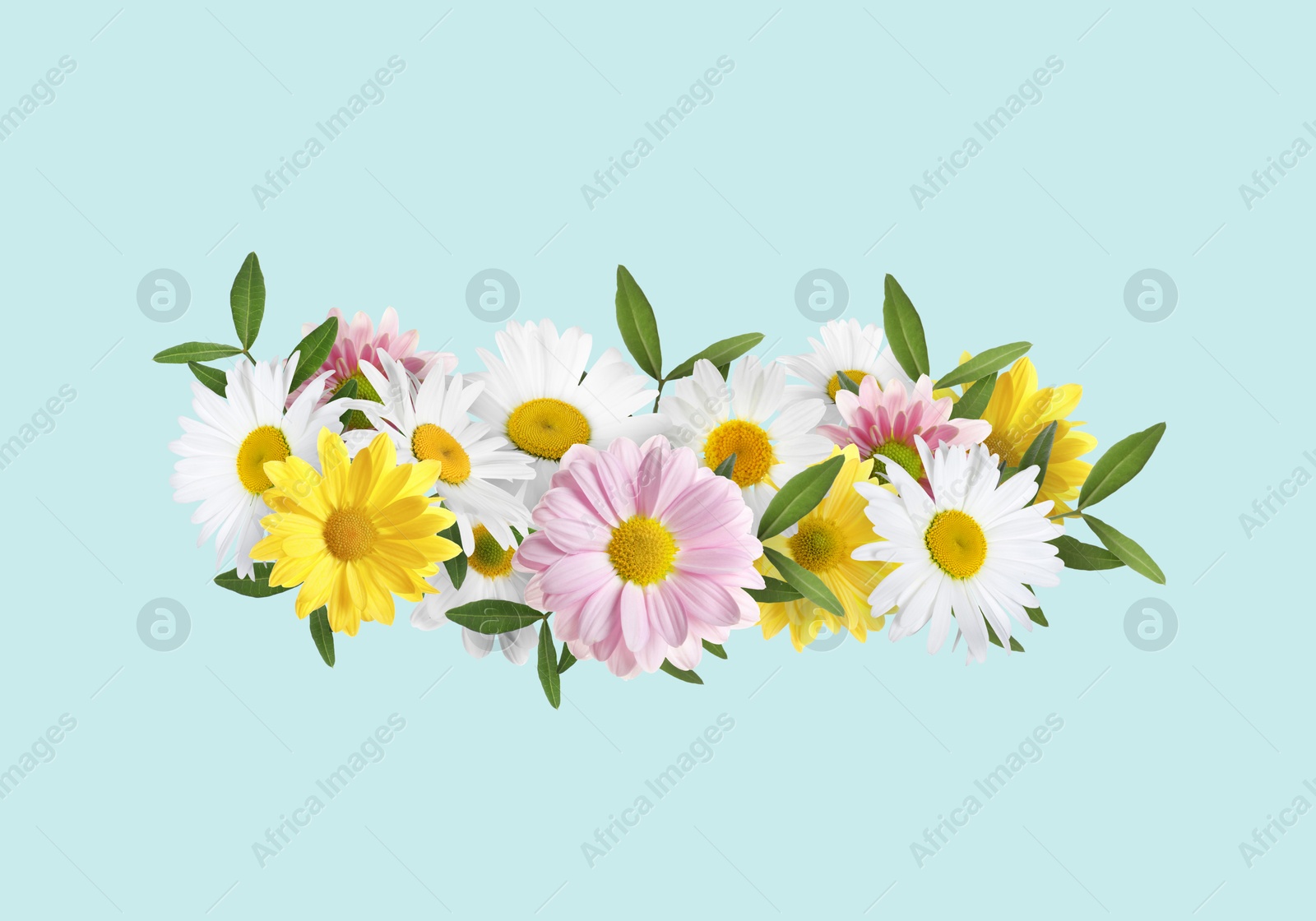 Image of Beautiful flower wreath on light blue background