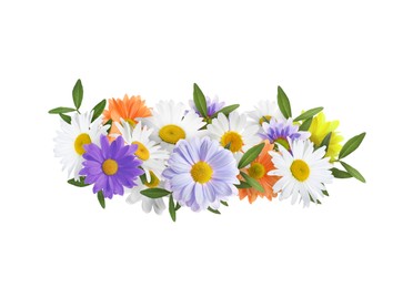 Beautiful wreath of different flowers on white background