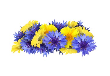 Image of Beautiful wreath of meadow flowers on white background