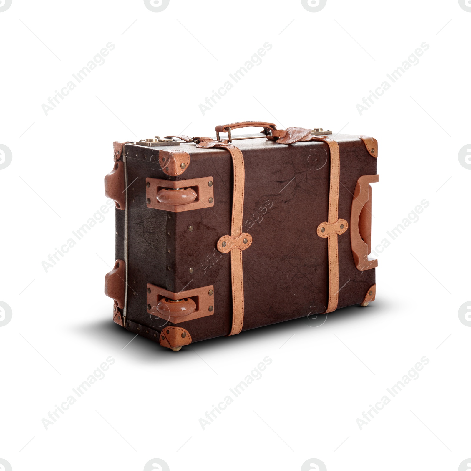 Image of Old suitcase with handle on white background