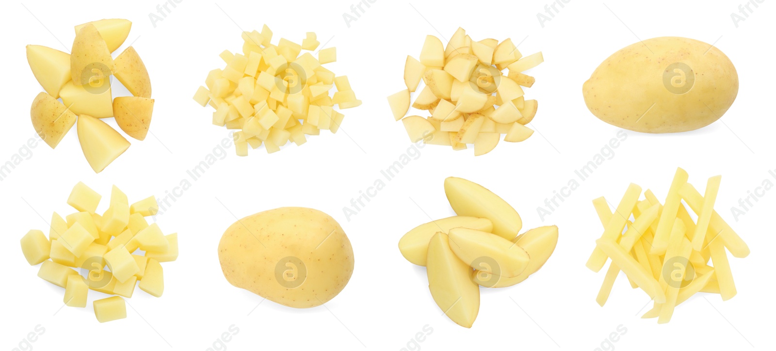 Image of Fresh potatoes isolated on white, set. Different types of cuts and whole