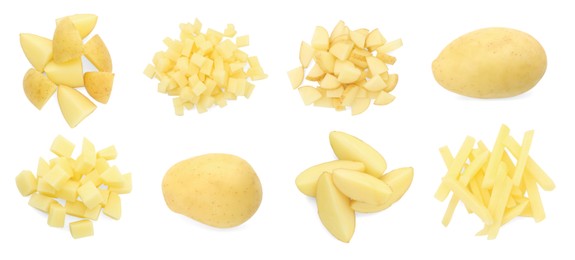 Image of Fresh potatoes isolated on white, set. Different types of cuts and whole