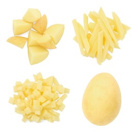 Image of Fresh potatoes isolated on white, set. Different types of cuts and whole