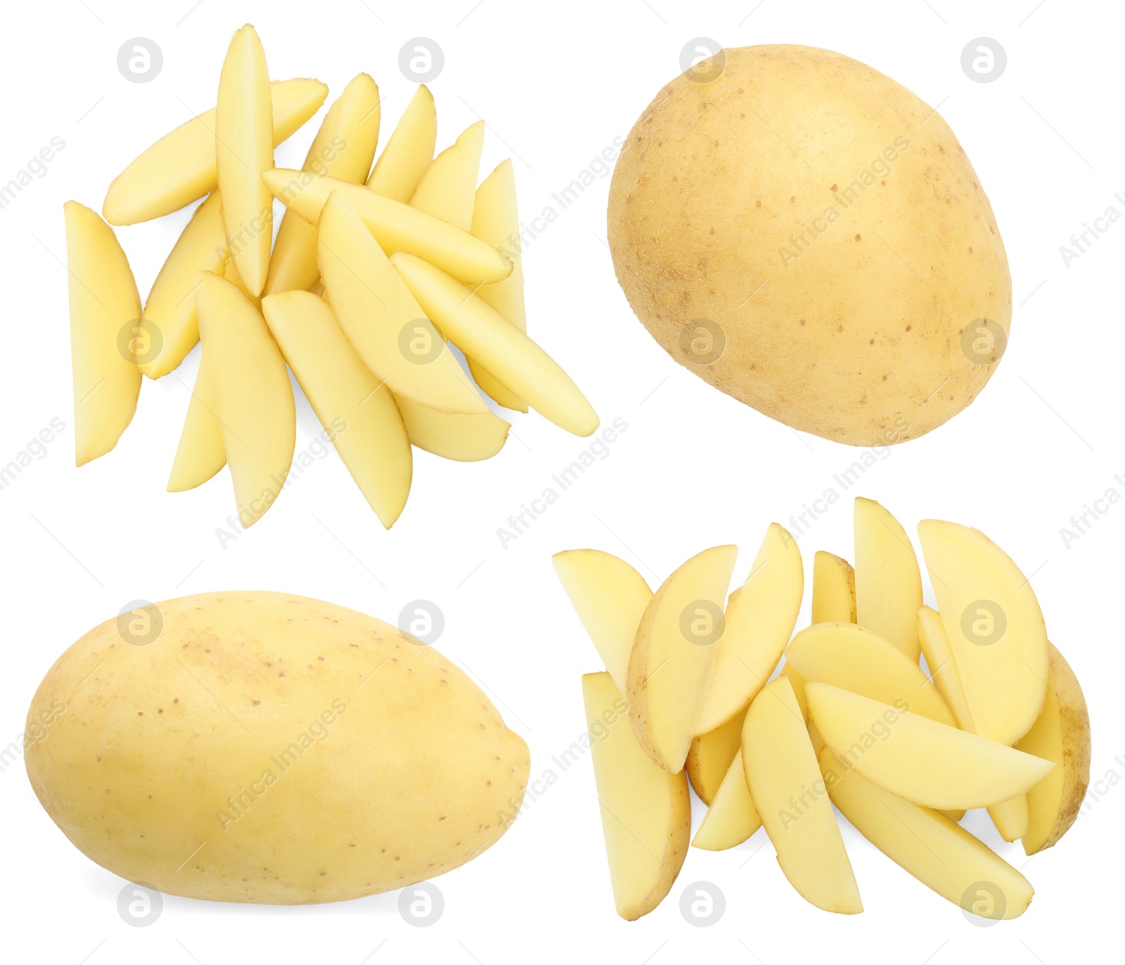 Image of Fresh potatoes isolated on white, set. Sliced and whole