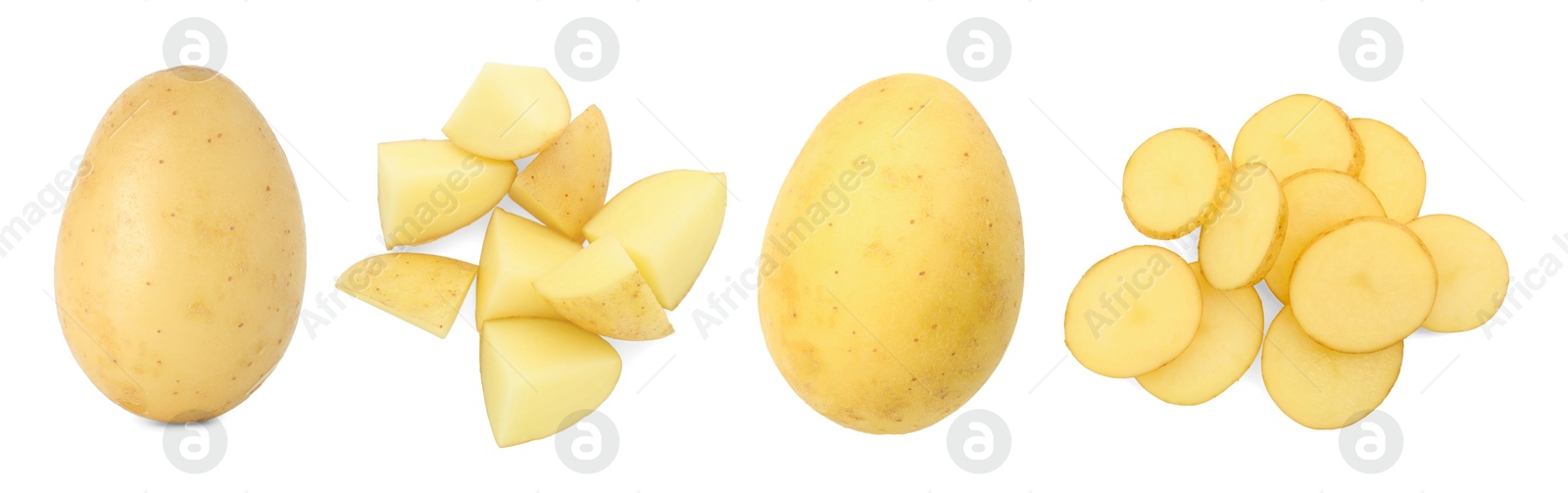 Image of Fresh potatoes isolated on white, set. Different types of cuts and whole