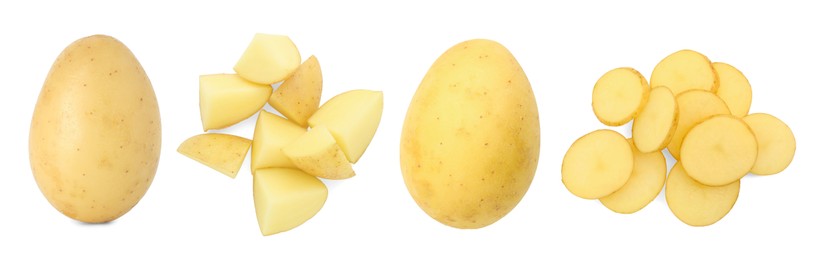 Image of Fresh potatoes isolated on white, set. Different types of cuts and whole