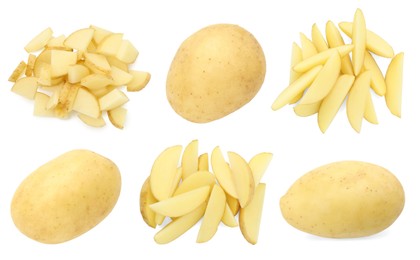 Image of Fresh potatoes isolated on white, set. Different types of cuts and whole