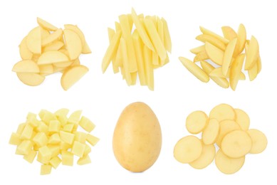 Image of Fresh potatoes isolated on white, set. Different types of cuts and whole