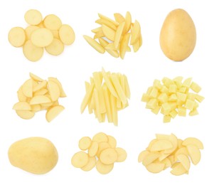 Image of Fresh potatoes isolated on white, set. Different types of cuts and whole