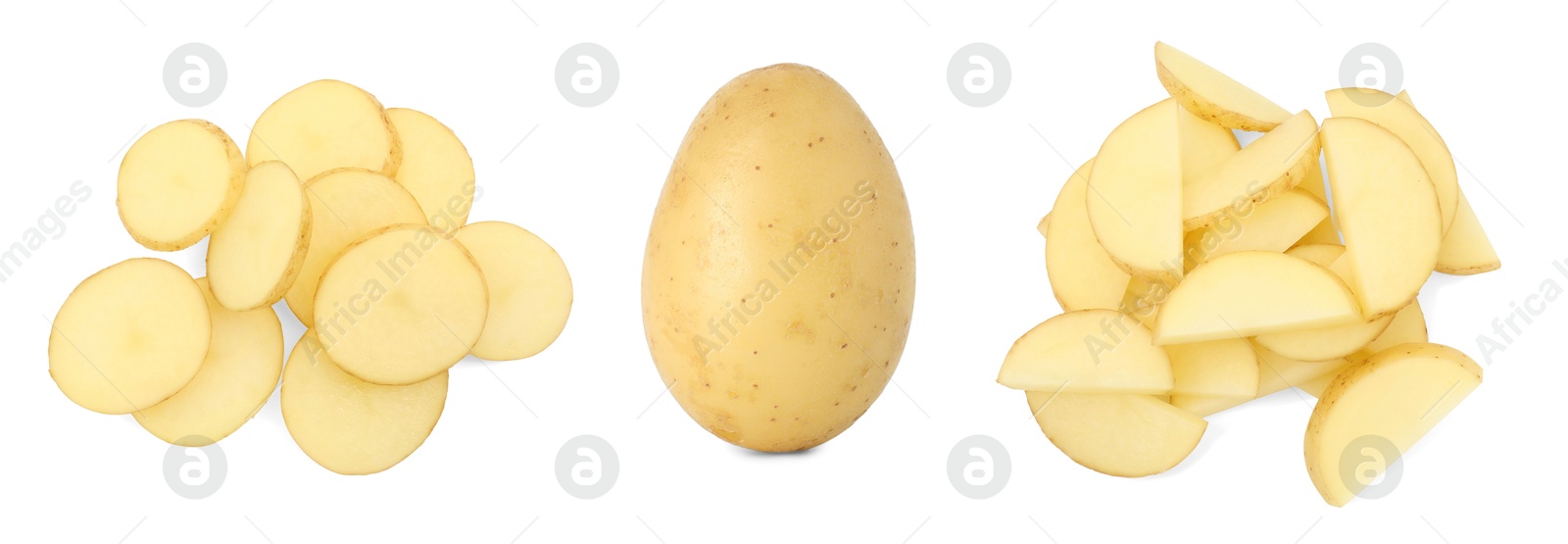 Image of Fresh potatoes isolated on white, set. Different types of cuts and whole