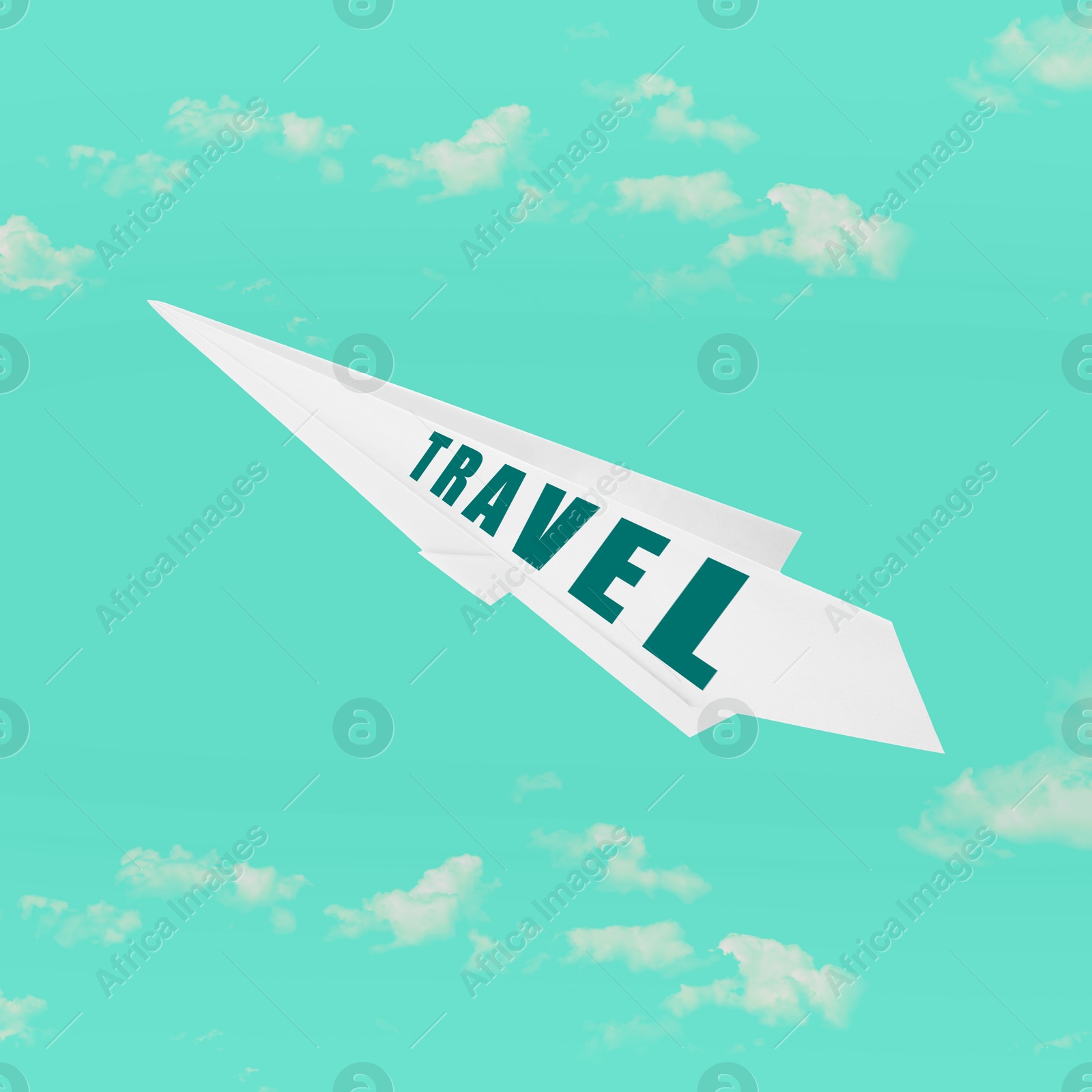 Image of Paper plane with word Travel on turquoise background with clouds