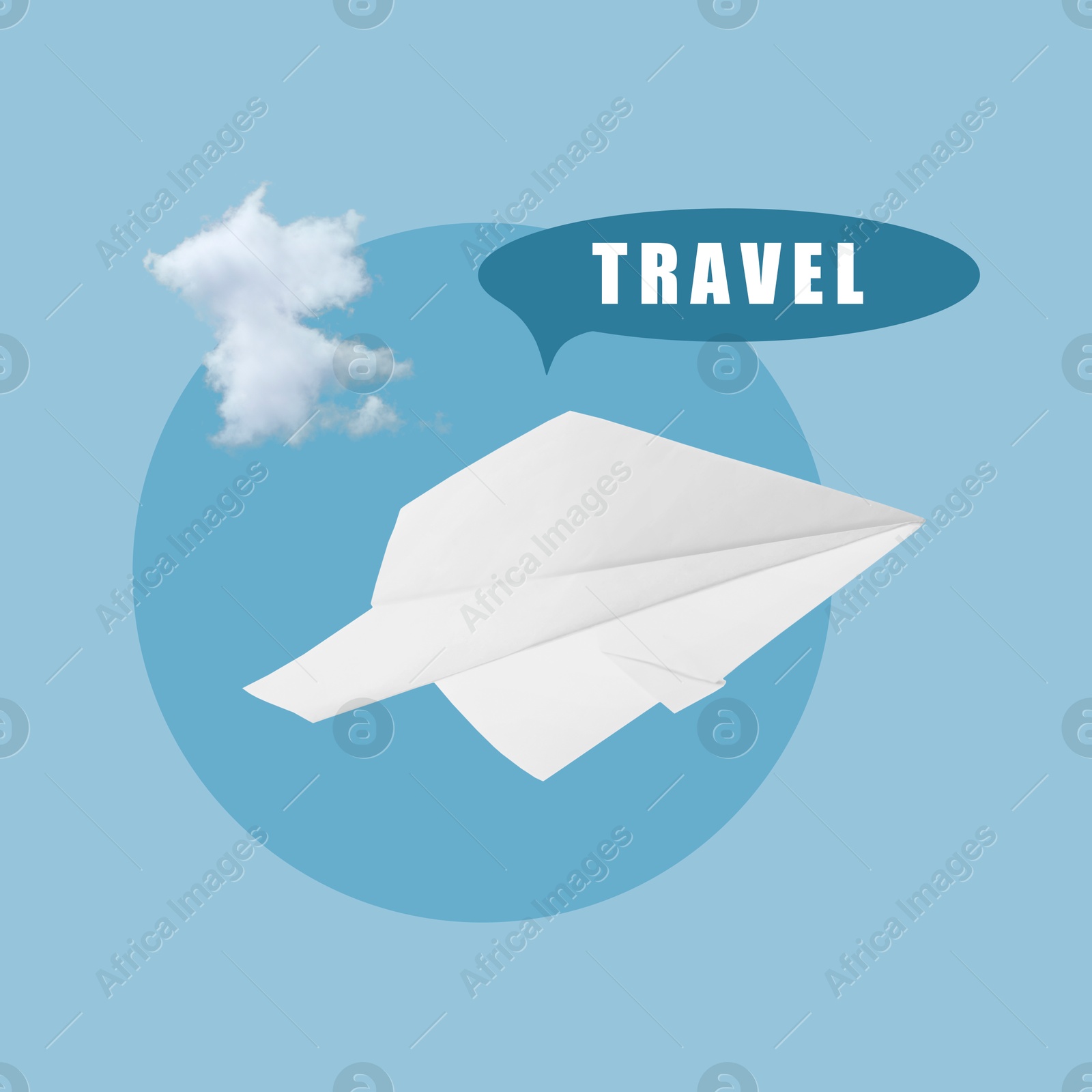 Image of Paper plane and word Travel on light blue background with cloud