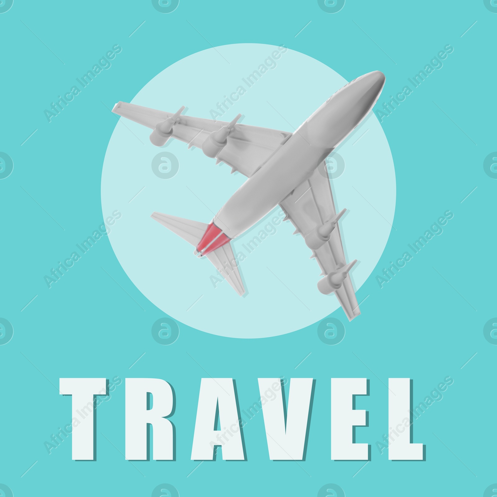 Image of Airplane and word Travel on turquoise background