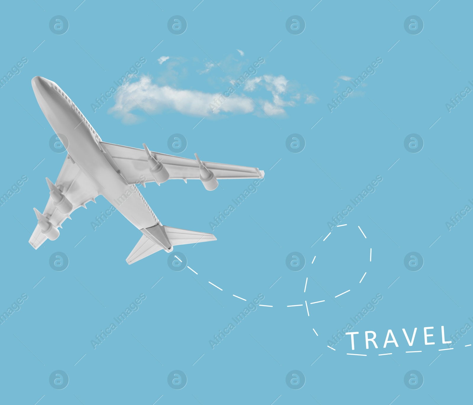 Image of Airplane with dashed line on light blue background. Time to travel