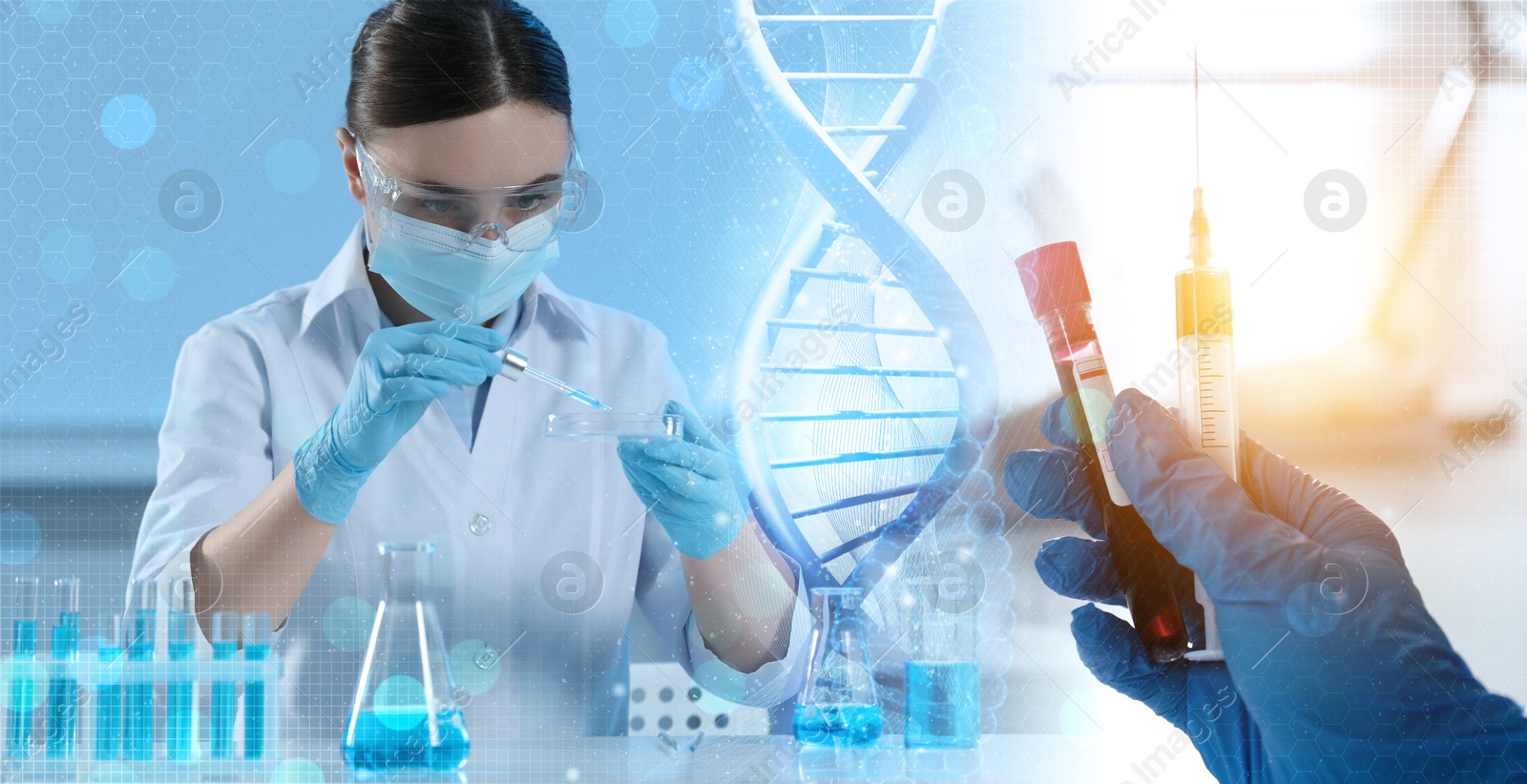 Image of Scientists working in lab and DNA, multiple exposure. Laboratory analysis. Banner design