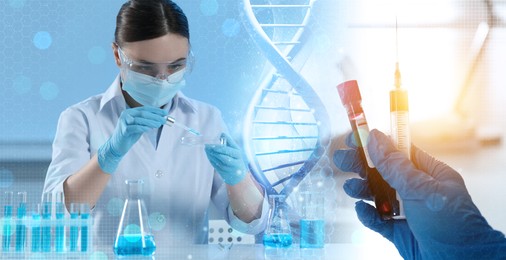 Scientists working in lab and DNA, multiple exposure. Laboratory analysis. Banner design