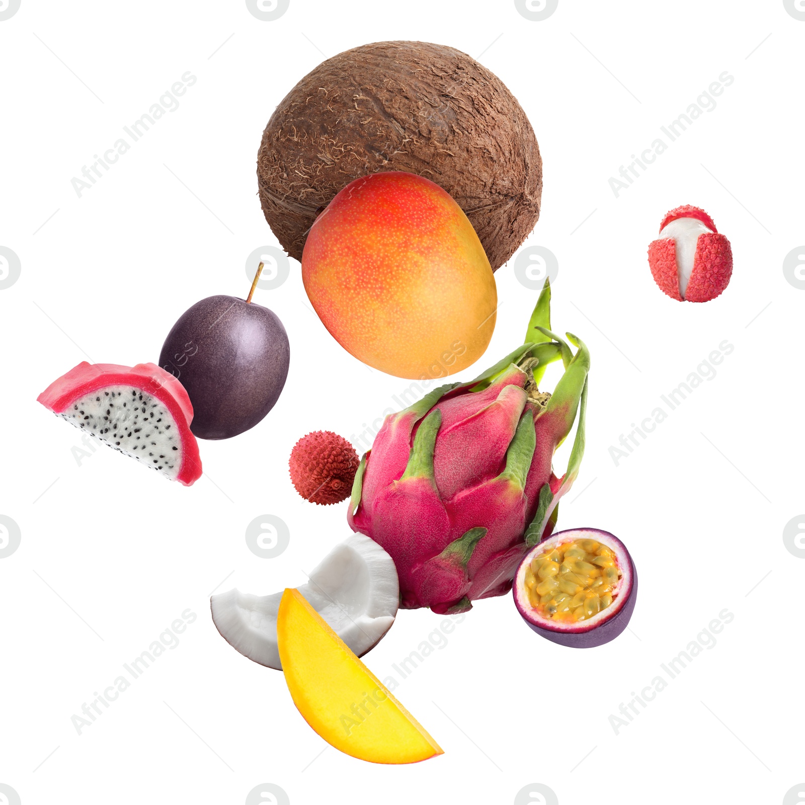 Image of Coconut, dragonfruit, mango, lychees and maracujas in air on white background. Tropical fruits