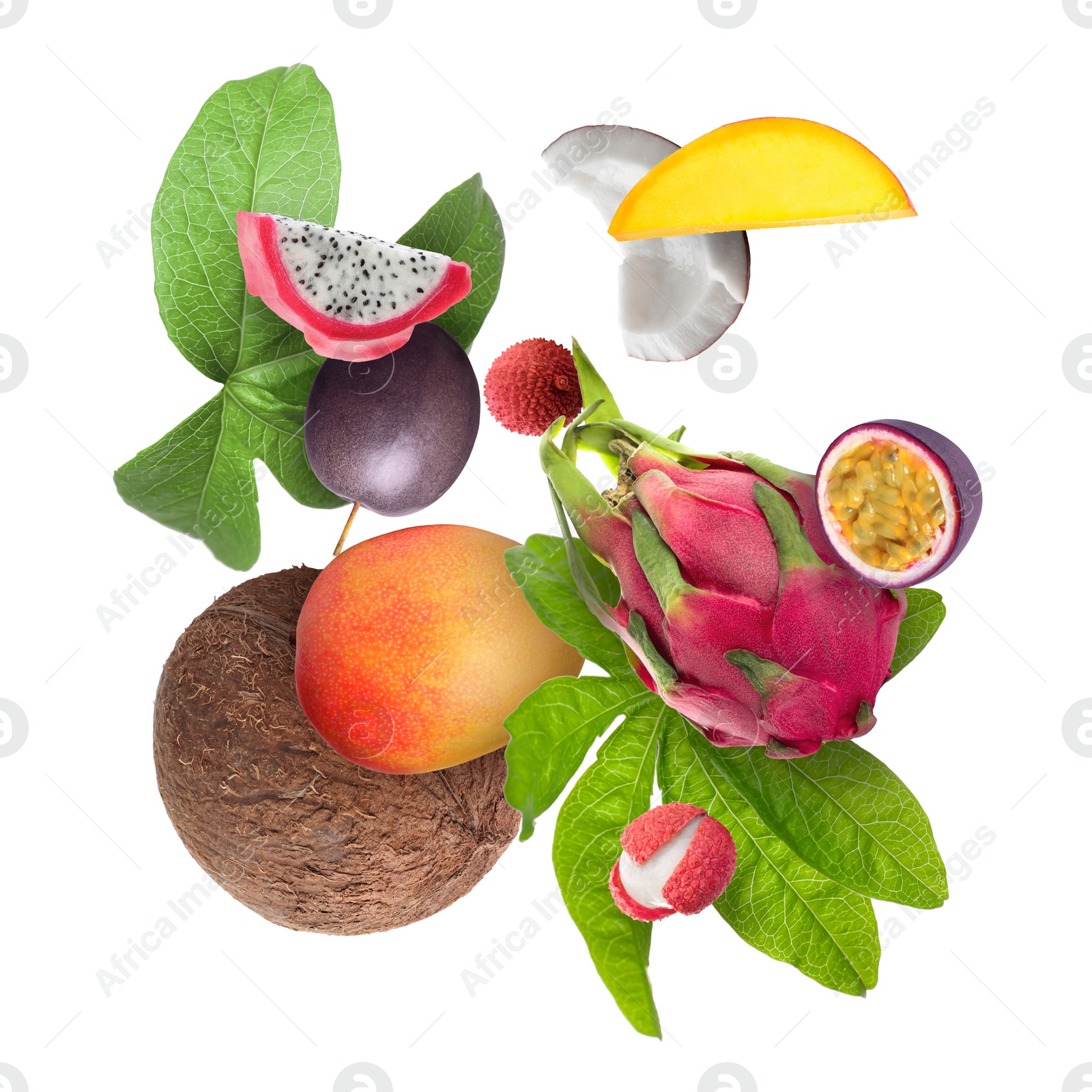 Image of Coconut, dragonfruit, mango, lychees and maracujas in air on white background. Tropical fruits