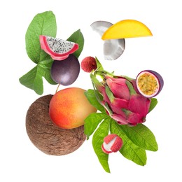 Coconut, dragonfruit, mango, lychees and maracujas in air on white background. Tropical fruits