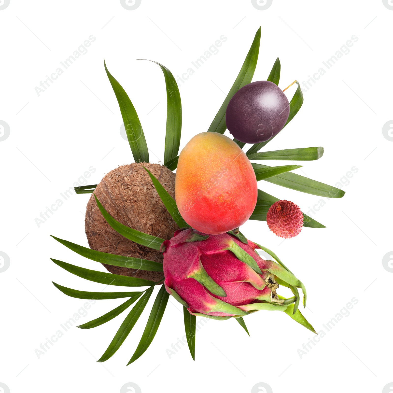 Image of Coconut, dragonfruit, mango, lychee and maracuja in air on white background. Tropical fruits