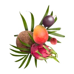 Image of Coconut, dragonfruit, mango, lychee and maracuja in air on white background. Tropical fruits