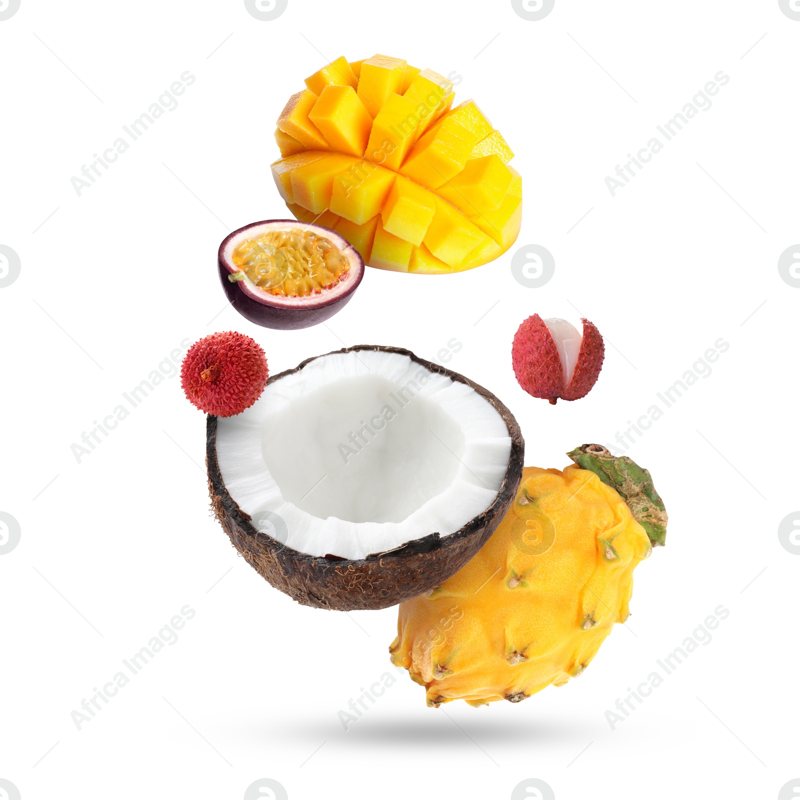 Image of Coconut, dragonfruit, mango, lychees and maracuja falling on white background. Tropical fruits