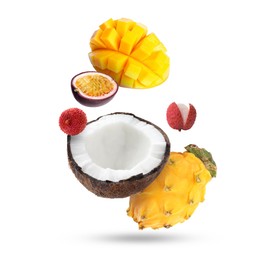 Image of Coconut, dragonfruit, mango, lychees and maracuja falling on white background. Tropical fruits