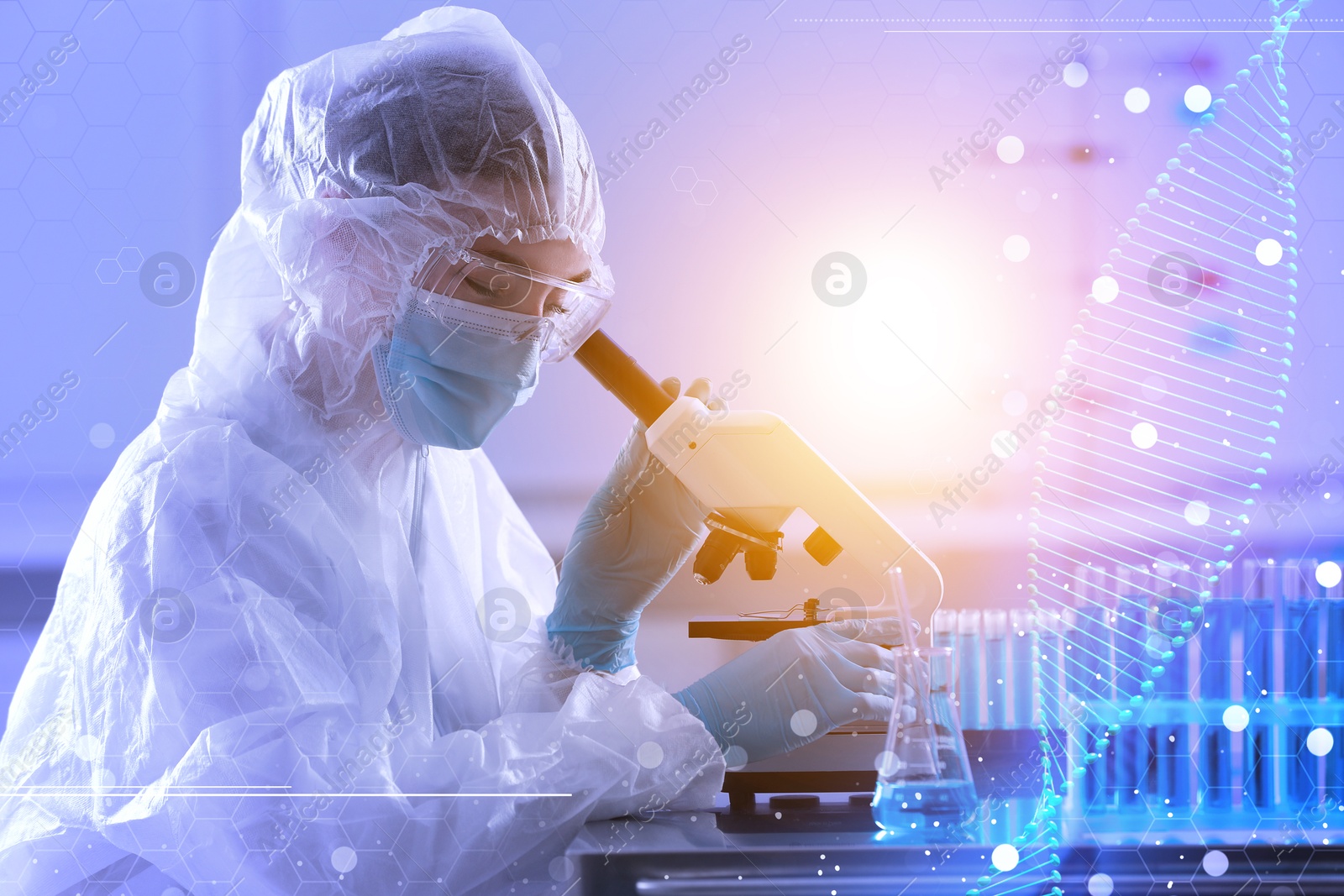 Image of Scientist using microscope in lab and DNA, double exposure. Laboratory analysis