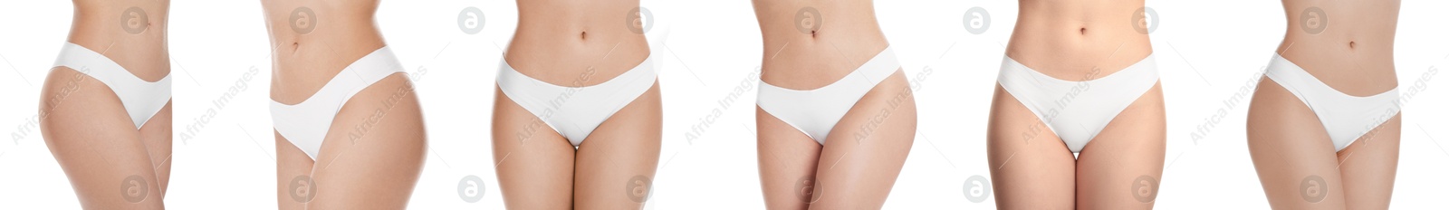 Image of Woman showing her perfect body on white background, closeup. Collection of photos