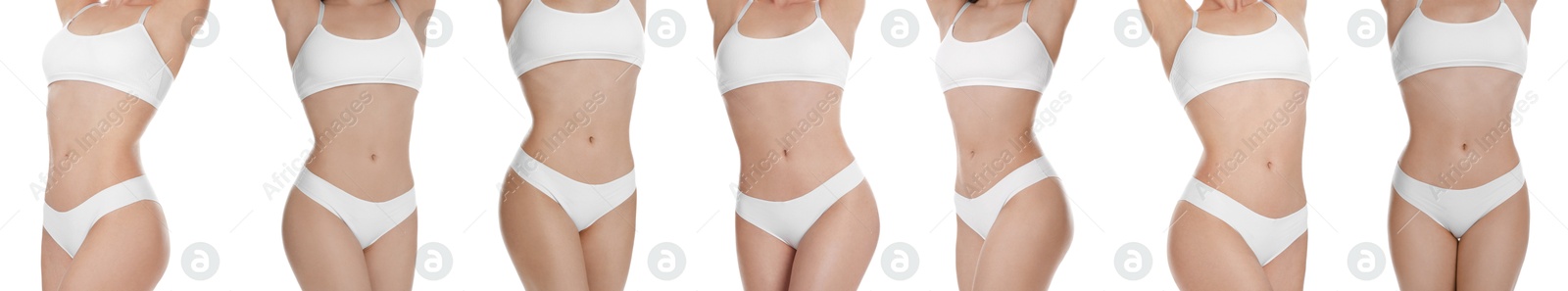 Image of Woman showing her perfect body on white background, closeup. Collection of photos