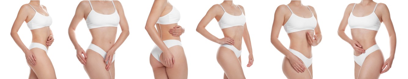 Image of Woman showing her perfect body on white background, closeup. Collection of photos