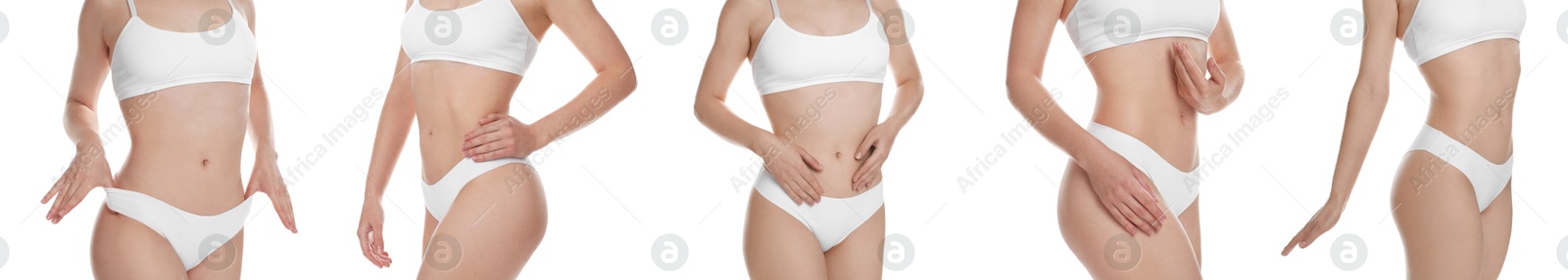 Image of Woman showing her perfect body on white background, closeup. Collection of photos