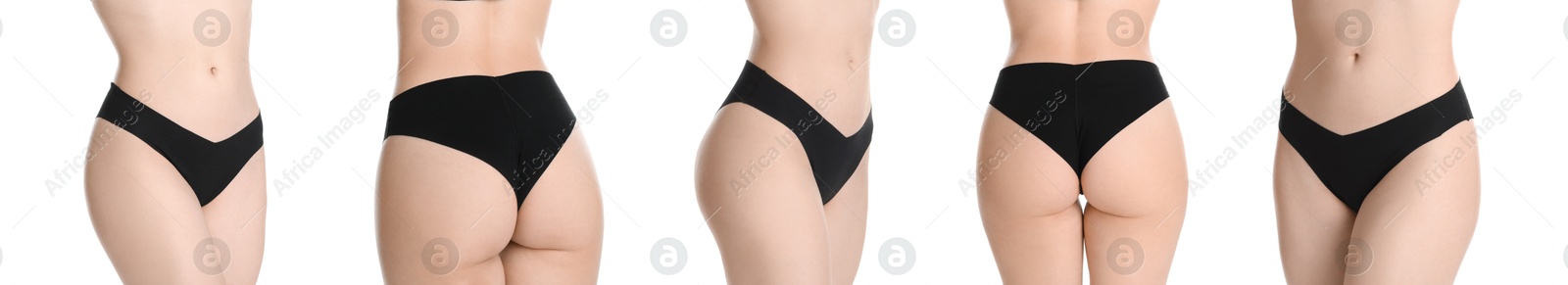 Image of Woman showing her perfect body on white background, closeup. Collection of photos