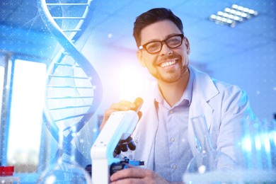 Scientist using microscope in lab and DNA, double exposure. Laboratory analysis