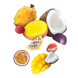 Image of Coconut, dragonfruit, mango, lychees and maracuja in air on white background. Tropical fruits