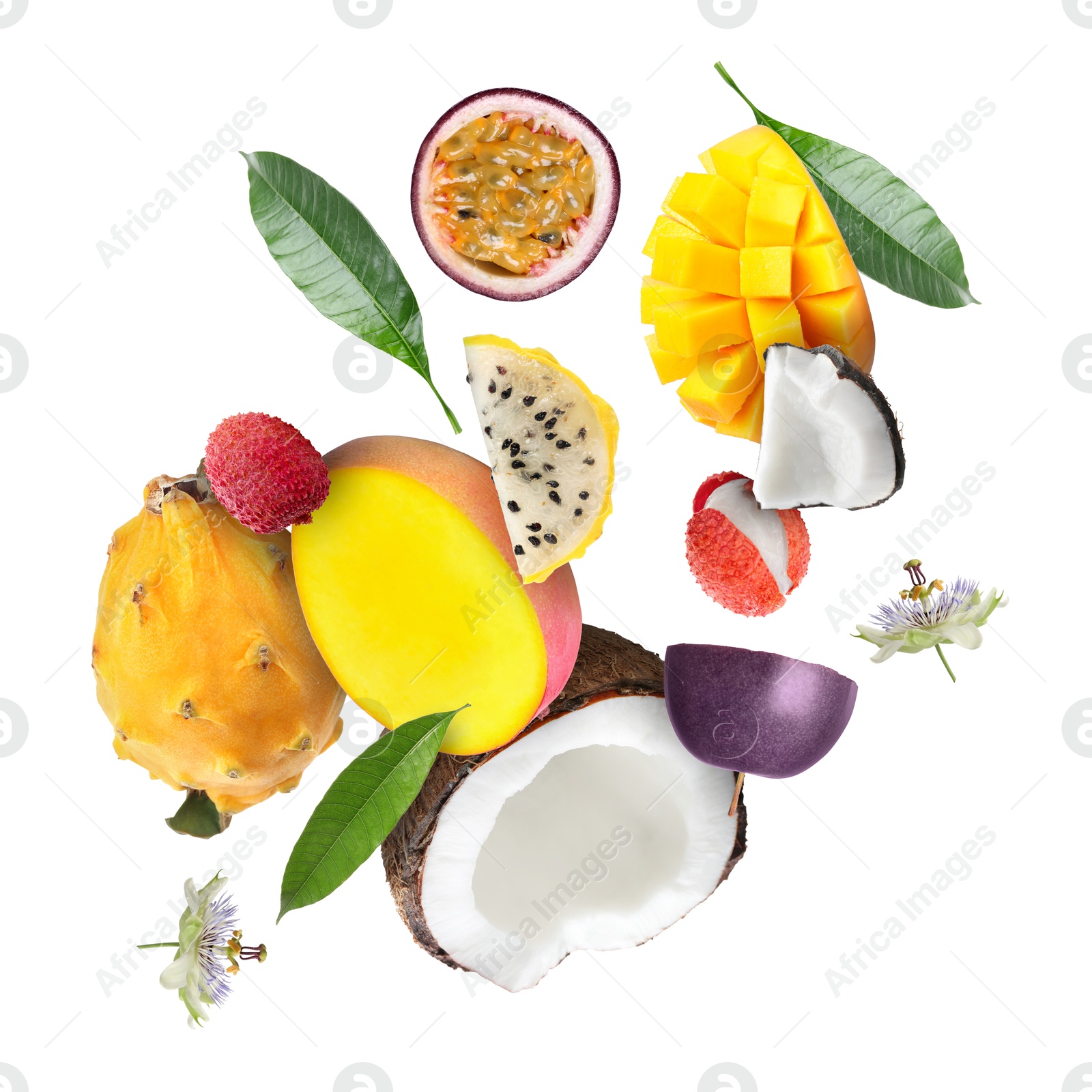 Image of Coconut, dragonfruit, mango, lychees and maracuja in air on white background. Tropical fruits