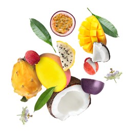 Image of Coconut, dragonfruit, mango, lychees and maracuja in air on white background. Tropical fruits