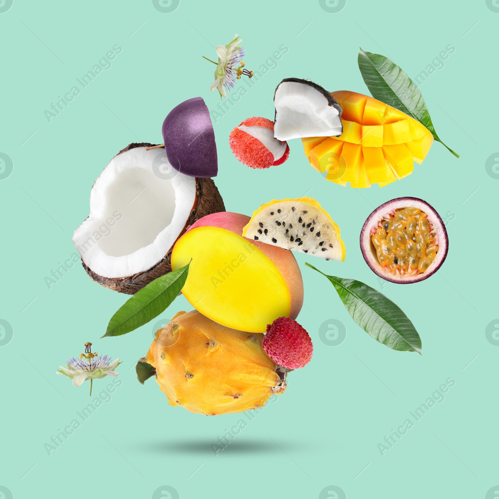 Image of Coconut, dragonfruit, mango, lychees and maracuja in air on turquoise background. Tropical fruits