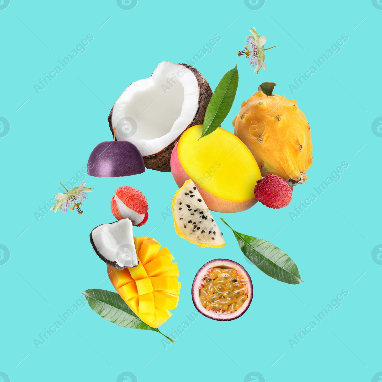 Image of Coconut, dragonfruit, mango, lychees and maracuja in air on turquoise background. Tropical fruits