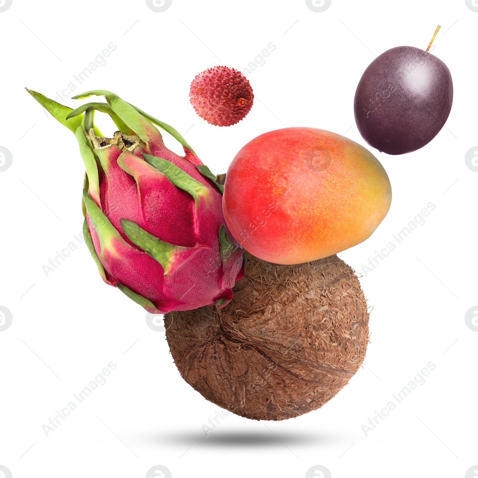 Image of Coconut, dragonfruit, mango, lychee and maracuja falling on white background. Tropical fruits