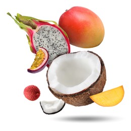 Image of Coconut, dragonfruit, mango, lychee and maracuja falling on white background. Tropical fruits