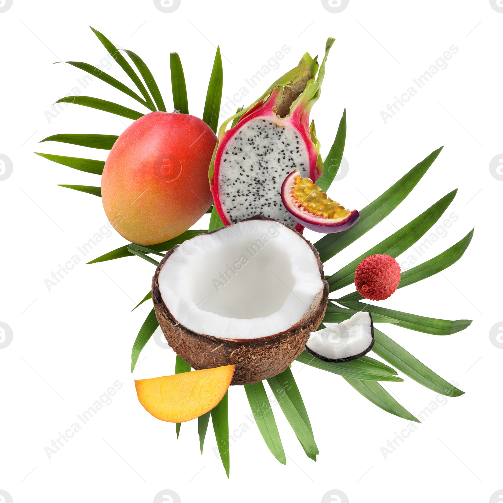 Image of Coconut, dragonfruit, mango, lychee and maracuja in air on white background. Tropical fruits