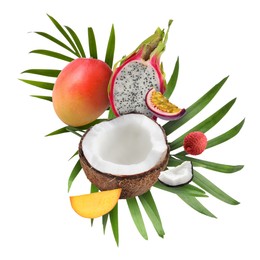 Image of Coconut, dragonfruit, mango, lychee and maracuja in air on white background. Tropical fruits