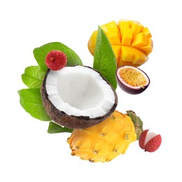 Image of Coconut, dragonfruit, mango, lychees and maracuja in air on white background. Tropical fruits