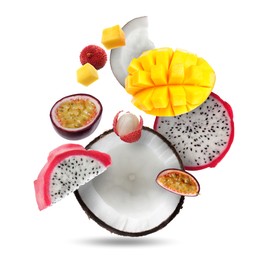 Image of Coconut, dragonfruit, mango, lychees and maracuja falling on white background. Tropical fruits