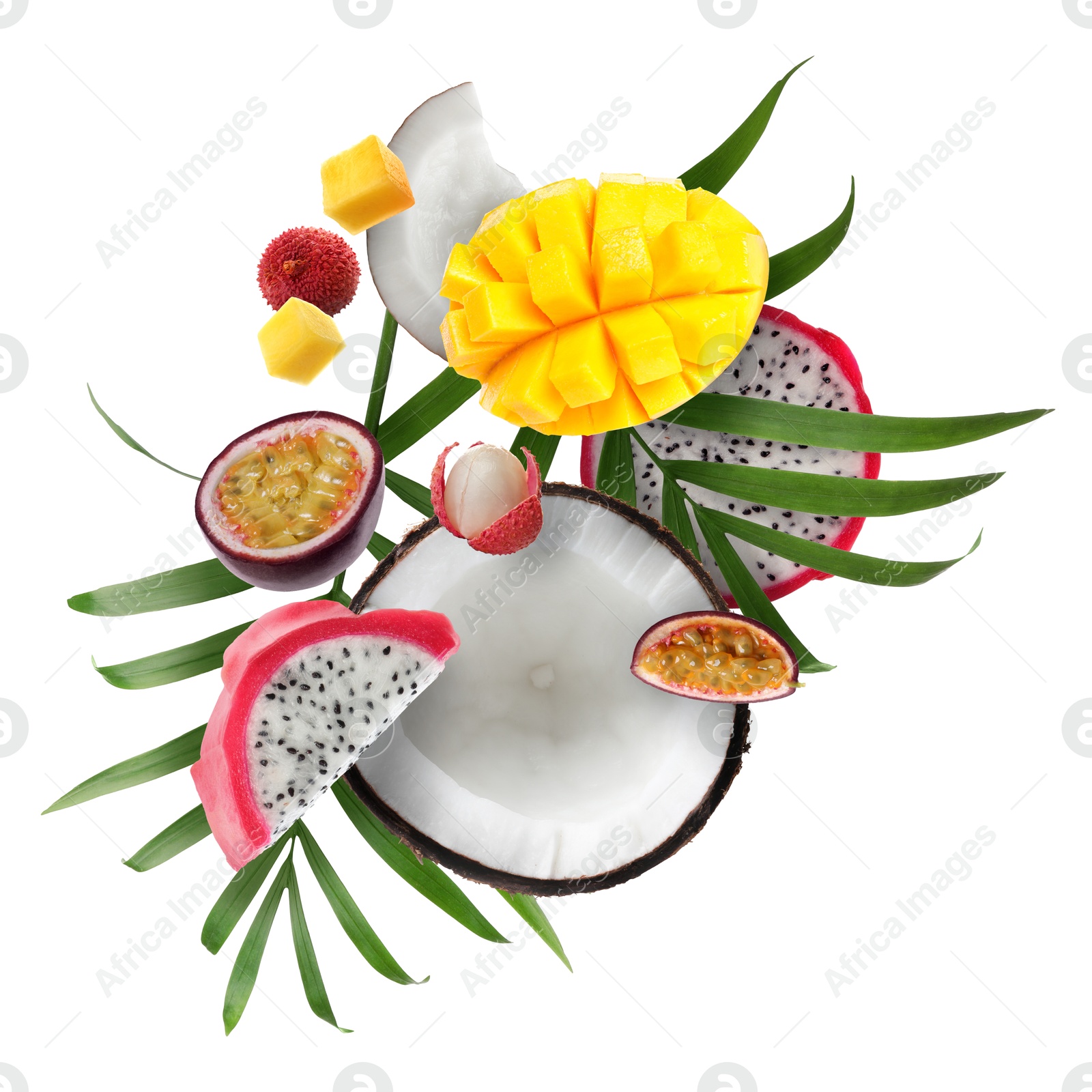 Image of Coconut, dragonfruit, mango, lychees and maracuja in air on white background. Tropical fruits