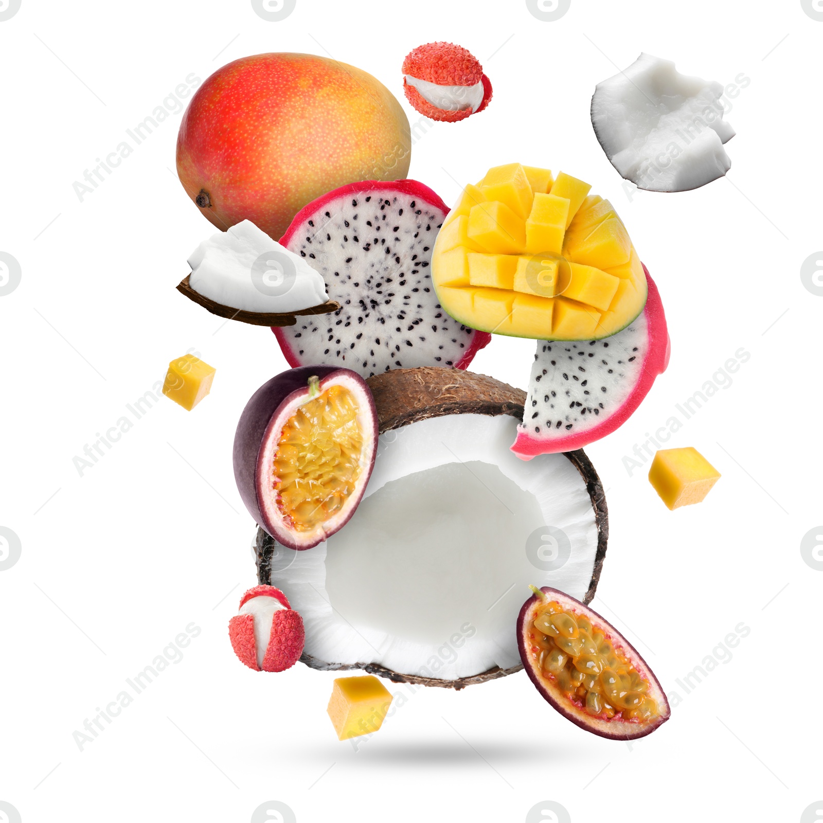 Image of Coconut, dragonfruit, mango, lychees and maracuja falling on white background. Tropical fruits