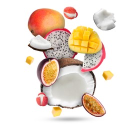 Image of Coconut, dragonfruit, mango, lychees and maracuja falling on white background. Tropical fruits