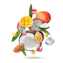 Image of Coconut, dragonfruit, mango, lychees and maracuja in air on white background. Tropical fruits