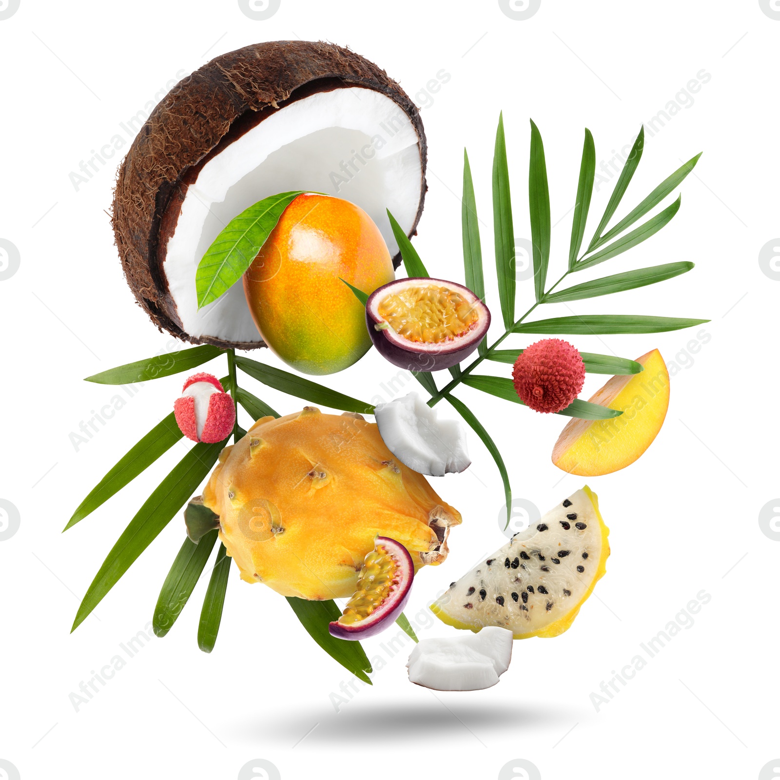 Image of Coconut, dragonfruit, mango, lychees and maracuja in air on white background. Tropical fruits